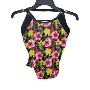 Bobbie Brooks Women's Black Multicolor Hibiscus X-Back Tankini‎ Swim Top L